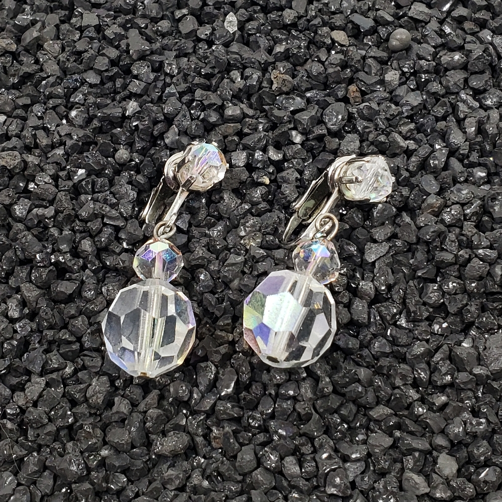 Vtg Aurora Borealis Crystal Round Bead Dangle Drop Clip On Earrings 50's Estate